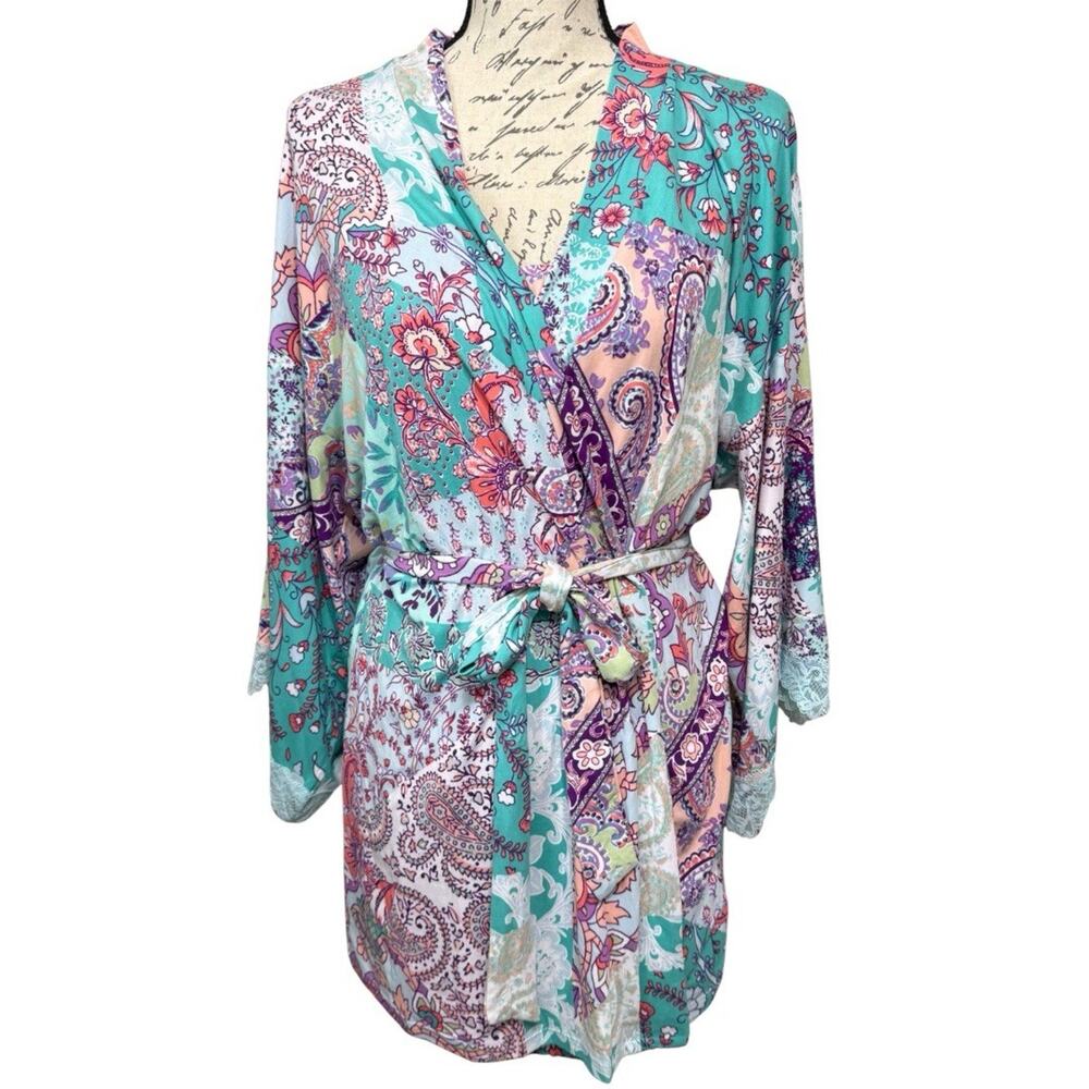 In Bloom by Jonquil 2pc Robe and Chemise Set Size M-L Pastel Print Short NWT